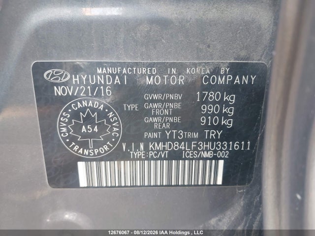 KMHD84LF3HU331611 Hyundai Elantra