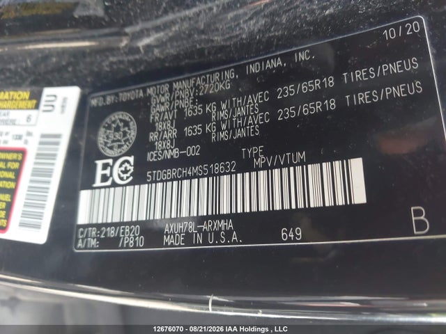 2021 Toyota Highlander მანქანა იყიდება აუქციონზე, vin: 5TDGBRCH4MS518632, აუქციონის ნომერი: 12676070