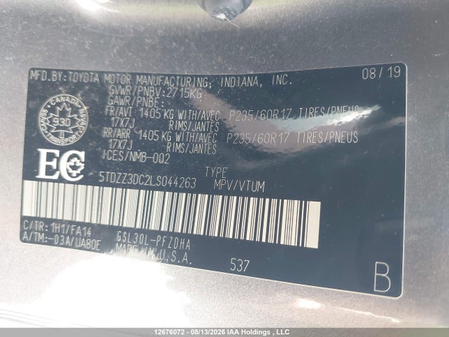 Toyota Sienna L 2020 5TDZZ3DC2LS044263 Image 9