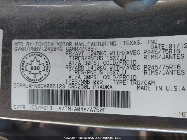 2012 Toyota Tacoma V6 მანქანა იყიდება აუქციონზე, vin: 5TFMU4FN6CX006123, აუქციონის ნომერი: 12676077