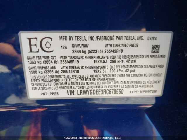 Auction sale of the 2024 Tesla Model Y Long Range, vin: LRWYGDEE3RC670550, lot number: 12676083