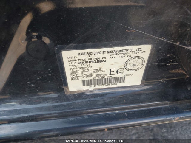 Aukcja sprzedaży 2012 Nissan Versa 1.6 Sv, vin: 3N1CN7AP5CL862613, numer aukcji: 12676086