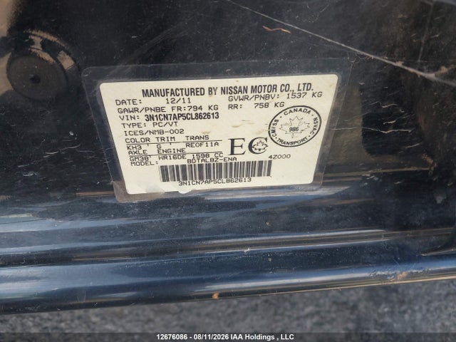 Aukcja sprzedaży 2012 Nissan Versa 1.6 Sv, vin: 3N1CN7AP5CL862613, numer aukcji: 12676086