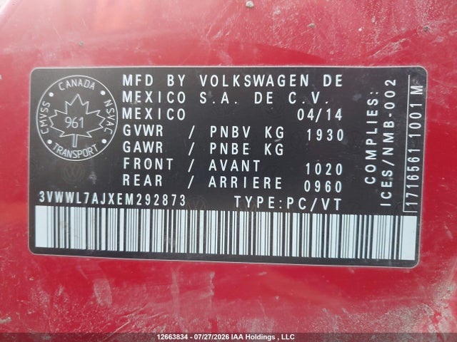 2014 Volkswagen Jetta 2.0 Tdi Comfortline/2.0 Tdi Highline/2.0 Tdi Trendline+ მანქანა იყიდება აუქციონზე, vin: 3VWWL7AJXEM292873, აუქციონის ნომერი: 12663834
