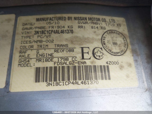 Auction sale of the 2010 Nissan Versa 1.8sl, vin: 3N1BC1CP4AL461370, lot number: 12664651