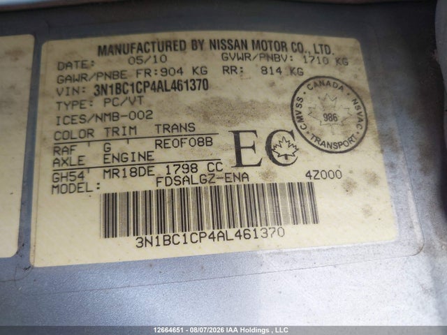 Auction sale of the 2010 Nissan Versa 1.8sl, vin: 3N1BC1CP4AL461370, lot number: 12664651