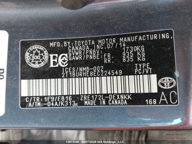 Toyota COROLLA CE 2014 2T1BURHE8EC224549 Image 9