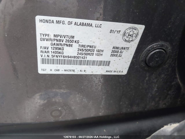 Honda Pilot Touring 2017 5FNYF6H94HB501431 Image 9