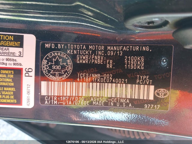 Aukcja sprzedaży 2014 Toyota Camry L/se/le/xle, vin: 4T1BF1FK0EU740021, numer aukcji: 12676106