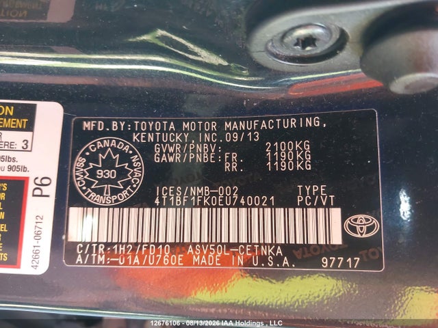 Aukcja sprzedaży 2014 Toyota Camry L/se/le/xle, vin: 4T1BF1FK0EU740021, numer aukcji: 12676106
