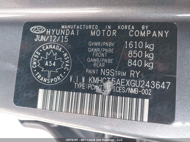 12676107 :رقم المزاد ، KMHCT5AEXGU243647 vin ، 2016 Hyundai Accent Se مزاد بيع