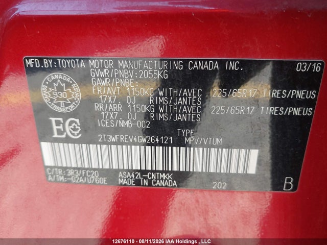 2016 Toyota Rav4 Xle მანქანა იყიდება აუქციონზე, vin: 2T3WFREV4GW264121, აუქციონის ნომერი: 12676110