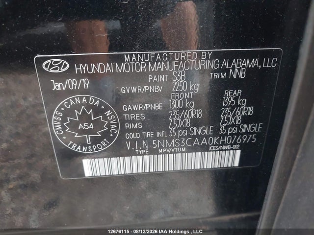 Hyundai Santa Fe Luxury 2019 5NMS3CAA0KH076975 Image 9