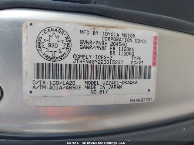 12676117 :رقم المزاد ، JTHFN48Y220015307 vin ، 2002 Lexus Sc 430 مزاد بيع
