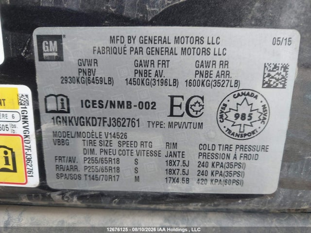 Chevrolet Traverse Lt 2015 1GNKVGKD7FJ362761 Image 9