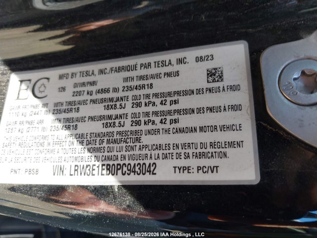 Tesla Model 3 Long Range 2023 LRW3E1EB0PC943042 Image 9
