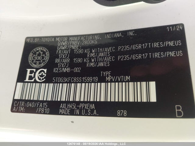 12676148 :رقم المزاد ، 5TDGSKFC8SS159919 vin ، 2025 Toyota Sienna Le/xse/limited/platinum مزاد بيع