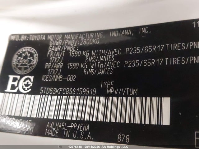 12676148 :رقم المزاد ، 5TDGSKFC8SS159919 vin ، 2025 Toyota Sienna Le/xse/limited/platinum مزاد بيع