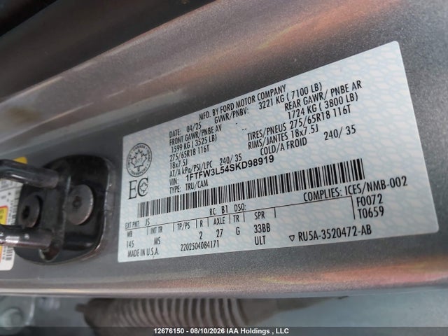 Продажа на аукционе авто 2025 Ford F150 Xlt, vin: 1FTFW3L54SKD98919, номер лота: 12676150