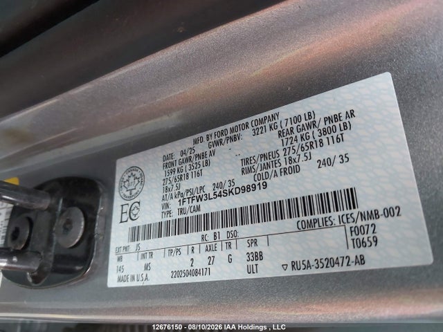 Продажа на аукционе авто 2025 Ford F150 Xlt, vin: 1FTFW3L54SKD98919, номер лота: 12676150