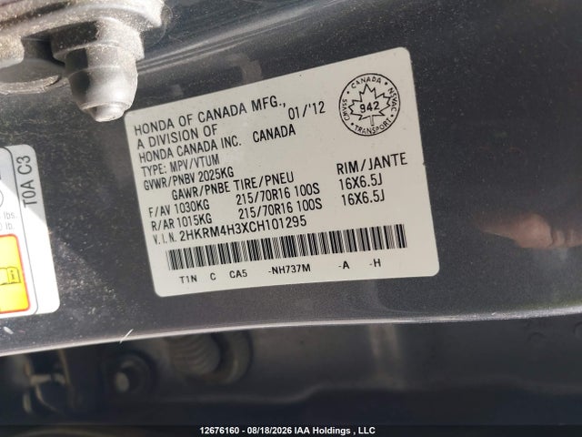 12676160 :رقم المزاد ، 2HKRM4H3XCH101295 vin ، 2012 Honda Cr-v Lx مزاد بيع