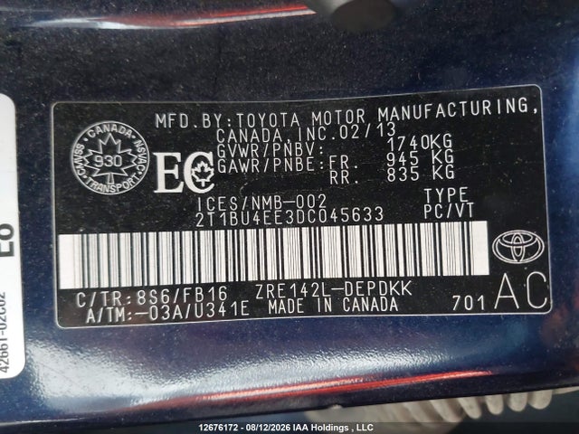 2013 Toyota Corolla მანქანა იყიდება აუქციონზე, vin: 2T1BU4EE3DC045633, აუქციონის ნომერი: 12676172