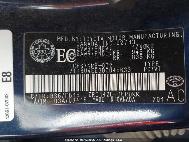 2013 Toyota Corolla მანქანა იყიდება აუქციონზე, vin: 2T1BU4EE3DC045633, აუქციონის ნომერი: 12676172