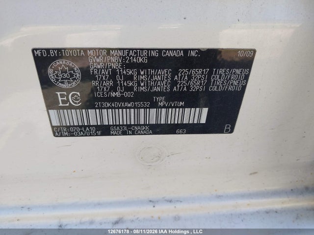 2010 Toyota Rav4 Limited მანქანა იყიდება აუქციონზე, vin: 2T3DK4DVXAW015532, აუქციონის ნომერი: 12676178