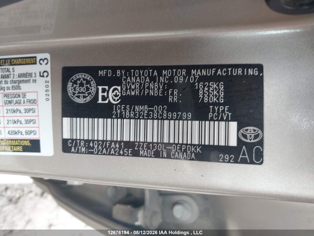 12676194 :رقم المزاد ، 2T1BR32E38C899799 vin ، 2008 Toyota Corolla Ce/le/s مزاد بيع