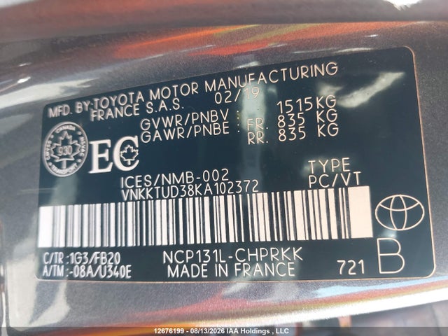 VNKKTUD38KA102372 Toyota YARIS LE
