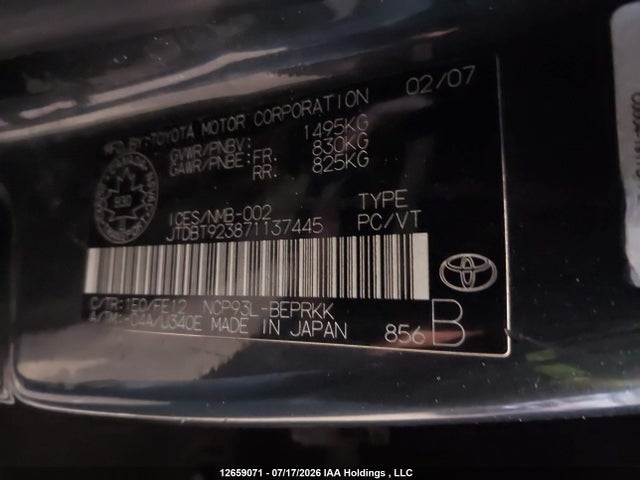 12659071 :رقم المزاد ، JTDBT923871137445 vin ، 2007 Toyota Yaris مزاد بيع