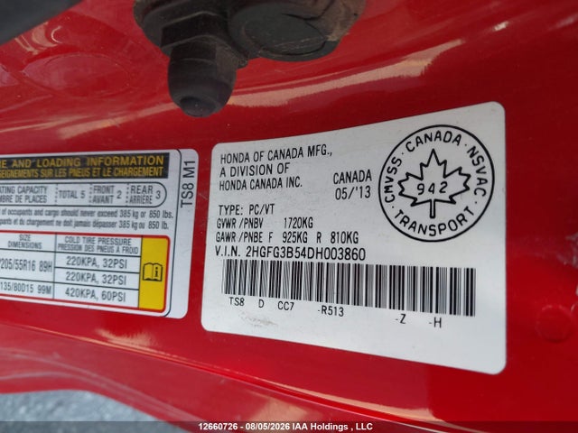 Продажа на аукционе авто 2013 Honda Civic Lx, vin: 2HGFG3B54DH003860, номер лота: 12660726
