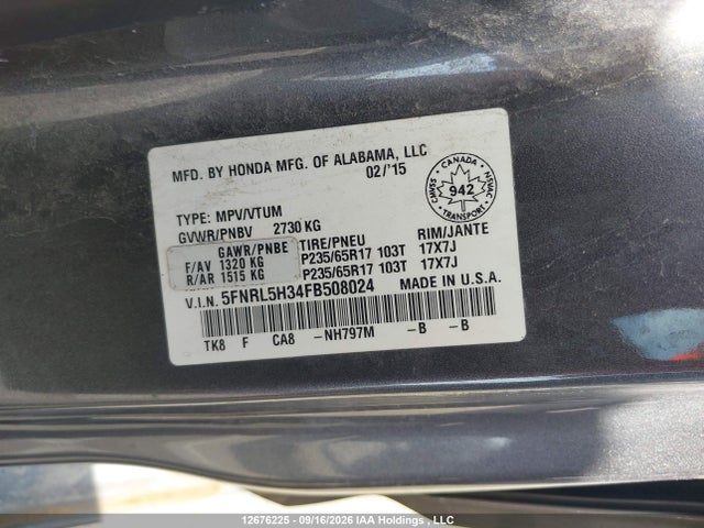 Honda Odyssey 2015 5FNRL5H34FB508024 Image 9