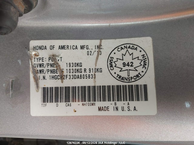 2013 Honda Accord მანქანა იყიდება აუქციონზე, vin: 1HGCR2F33DA805833, აუქციონის ნომერი: 12676226