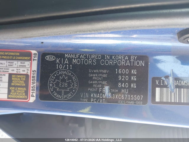 Продажа на аукционе авто 2012 Kia Rio Ex/lx/lx+/sx, vin: KNADM5A3XC6715507, номер лота: 12610052