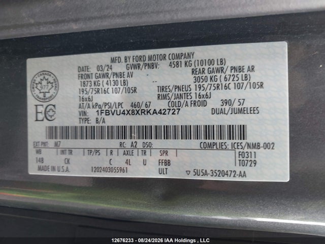 12676233 :رقم المزاد ، 1FBVU4X8XRKA42727 vin ، 2024 Ford Transit-350 Passenger Xlt مزاد بيع