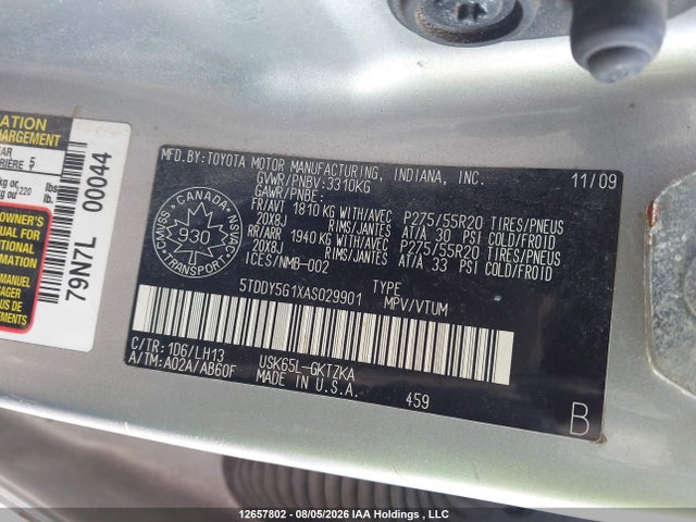 12657802 :رقم المزاد ، 5TDDY5G1XAS029901 vin ، 2010 Toyota Sequoia Platinum 5.7l V8 مزاد بيع