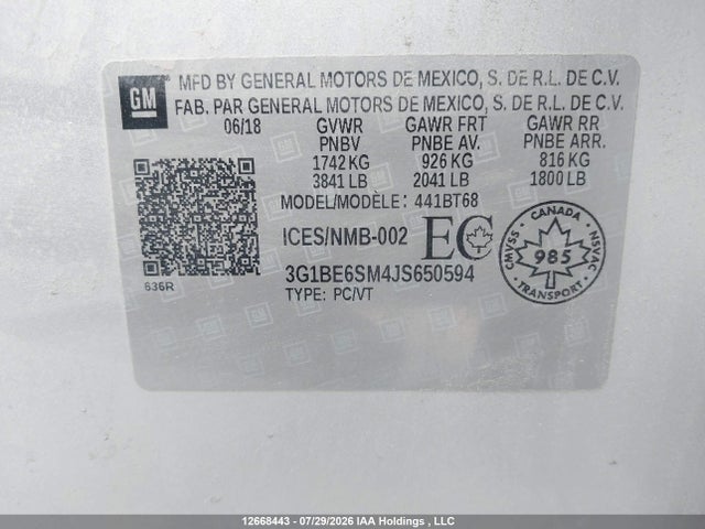Продаж на аукціоні авто 2018 Chevrolet Cruze Lt Auto, vin: 3G1BE6SM4JS650594, номер лоту: 12668443