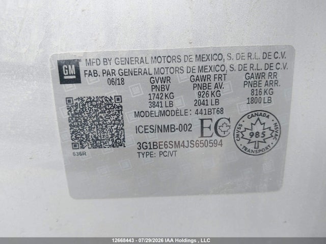 Продаж на аукціоні авто 2018 Chevrolet Cruze Lt Auto, vin: 3G1BE6SM4JS650594, номер лоту: 12668443