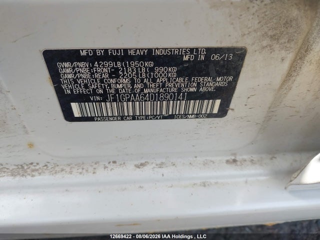 Aukcja sprzedaży 2013 Subaru Impreza 2.0i, vin: JF1GPAA64D1890141, numer aukcji: 12669422