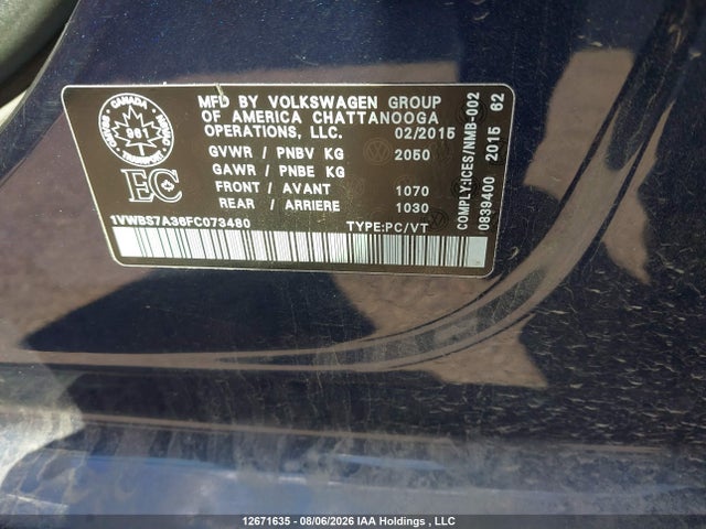 Продажа на аукционе авто 2015 Volkswagen Passat 1.8 Tsi Comfortline, vin: 1VWBS7A36FC073480, номер лота: 12671635