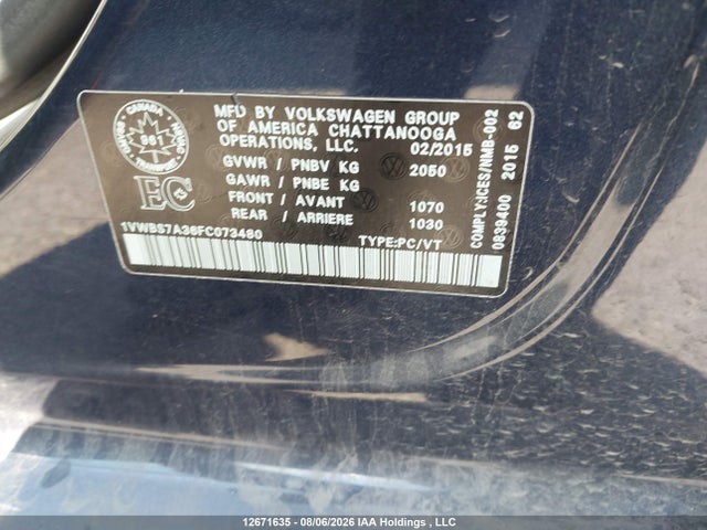 Продажа на аукционе авто 2015 Volkswagen Passat 1.8 Tsi Comfortline, vin: 1VWBS7A36FC073480, номер лота: 12671635