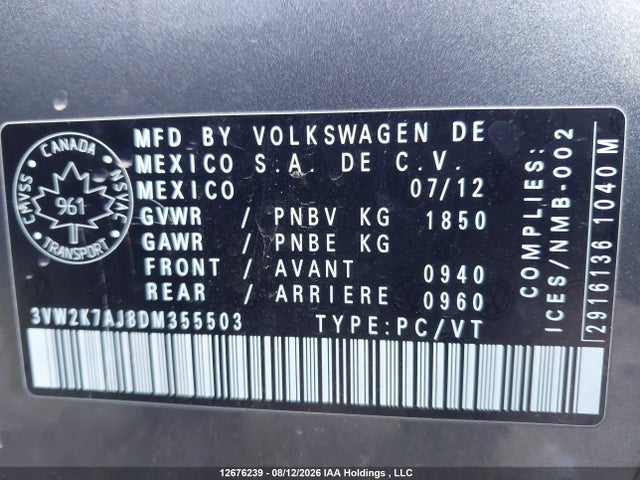 12676239 :رقم المزاد ، 3VW2K7AJ8DM355503 vin ، 2013 Volkswagen Jetta S مزاد بيع