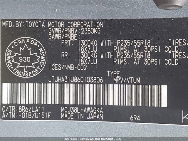 Auction sale of the 2006 Lexus Rx 330, vin: JTJHA31U860103806, lot number: 12676247