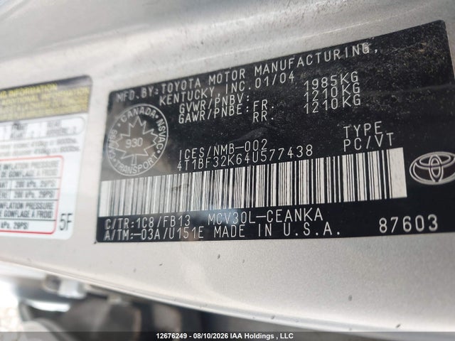 Продажа на аукционе авто 2004 Toyota Camry, vin: 4T1BF32K64U577438, номер лота: 12676249