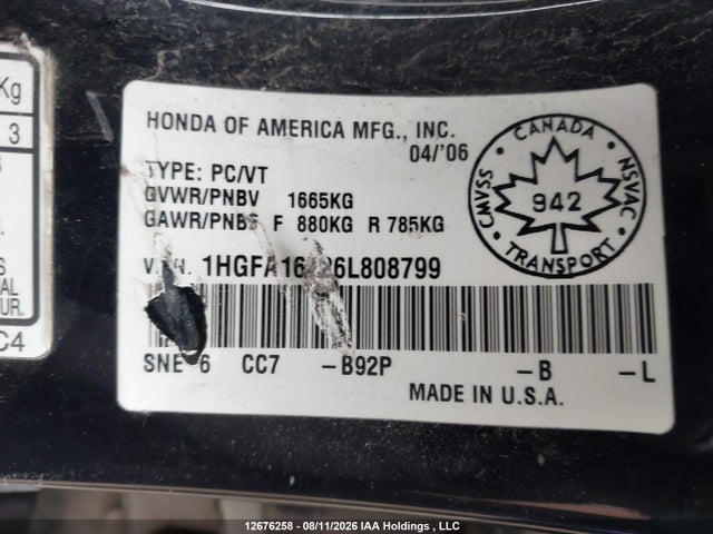 Aukcja sprzedaży 2006 Honda Civic Lx, vin: 1HGFA16426L808799, numer aukcji: 12676258