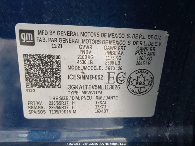 12676263 :رقم المزاد ، 3GKALTEV5NL118626 vin ، 2022 Gmc Terrain Sle مزاد بيع