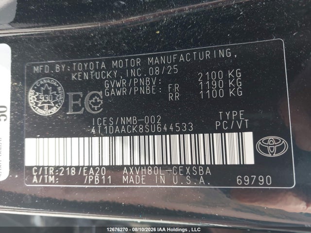 Продаж на аукціоні авто 2025 Toyota Camry Xse/xle/le/se, vin: 4T1DAACK8SU644533, номер лоту: 12676270
