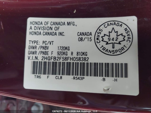 Honda CIVIC EX 2015 2HGFB2F58FH058382 Image 9