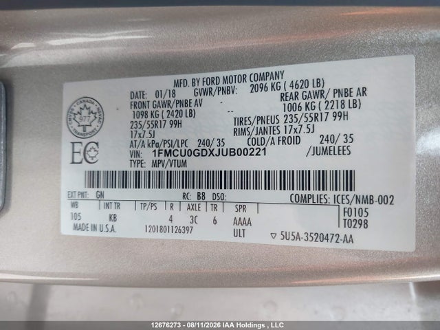 Ford ESCAPE SE 2018 1FMCU0GDXJUB00221 Image 9